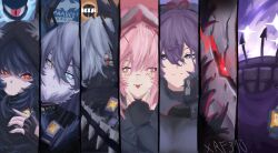  1boy 2others 4girls ambiguous_gender animal_ears arche_(zenless_zone_zero) black_coat black_gloves black_hair black_horns blue_eyes blush bow closed_mouth coat dan_(zenless_zone_zero) falkenhayn_mercenary_leader_(zenless_zone_zero) fingerless_gloves fire fox_ears fox_girl fur-trimmed_coat fur_trim gloves grey_hair hair_between_eyes hair_over_one_eye heterochromia high_ponytail highres horns joyous_(zenless_zone_zero) long_hair long_horns looking_at_viewer mask mouth_mask multiple_girls multiple_others ponytail purple_hair red_eyes redfire310 robot scar scar_across_eye scar_on_face short_hair smile star-shaped_pupils star_(symbol) sunbringer_(original)_(zenless_zone_zero) swordmaster_(zenless_zone_zero) symbol-shaped_pupils tongue tongue_out upper_body vike_(zenless_zone_zero) violet_eyes yellow_eyes zenless_zone_zero 