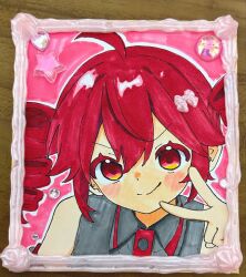  closed_mouth drill_hair grey_shirt hand_up highres kasane_teto kasane_teto_(utau) komori_kamome looking_at_viewer marker_(medium) pink_background portrait red_eyes red_hair shikishi shirt sleeveless sleeveless_shirt smile traditional_media twin_drills utau v 