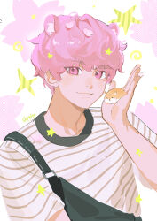  1boy absurdres alternate_costume animal animal_ear_fluff animal_ears arm_up bamby_(plave) black_overalls closed_mouth commentary crew_neck fluffy_hair fqdyy hamster hamster_boy hamster_ears highres holding holding_animal kemonomimi_mode male_focus overalls pink_eyes pink_hair plave shirt short_hair short_sleeves smile solo star_(symbol) striped_clothes striped_shirt t-shirt twitter_username untranslatable_commentary upper_body white_background 