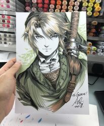  1boy art_tools_in_frame artist's_hand_in_frame blonde_hair blue_eyes closed_mouth commentary cropped_torso english_commentary green_tunic highres link looking_at_viewer male_focus marker_(medium) medium_hair photo_(medium) pointy_ears shirt signature solo stanley_lau sword sword_on_back the_legend_of_zelda traditional_media tunic weapon weapon_on_back white_shirt 