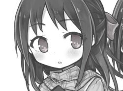  1girl amakaze_sora blush bow flower_in_eye greyscale hair_bow jacket long_hair lowres monochrome original parted_lips plaid_clothes plaid_scarf portrait scarf simple_background solo symbol_in_eye white_background 