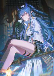  1girl absurdres arknights black_gloves blue_hair bowl commentary crossed_legs dragon_girl dragon_horns earrings floating_hair gloves hand_up highres holding holding_bowl horns jewelry ling_(arknights) long_hair long_sleeves looking_at_viewer multicolored_hair pointy_ears pong_(pong_o0) sitting solo streaked_hair thigh_strap untranslatable_commentary very_long_hair white_hair 