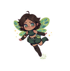  1girl :3 ahoge artist_name asymmetrical_legwear belt brown_belt brown_hair buttons closed_mouth commentary critical_role critical_role:_campaign_iv crop_top dated dungeons_&amp;_dragons english_commentary eyelashes fairy fairy_wings full_body green_eyes green_shirt green_shorts mismatched_legwear shirt short_hair shorts signature simple_background sleeveless sleeveless_shirt smile solo sparkle thimble_(critical_role) vasira96 white_background wings 