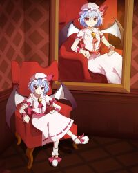  1girl absurdres ascot back_bow bat_wings blue_hair boots bow closed_mouth collared_shirt commentary crossed_legs english_commentary frilled_shirt_collar frills hat hat_ribbon highres indoors looking_at_viewer mob_cap painting_(object) pink_hat pink_shirt pink_skirt red_ascot red_bow red_eyes remilia_scarlet ribbon ribbon-trimmed_skirt ribbon_trim shirt sitting skirt skirt_set sleeve_bow smile solo toogeruu touhou white_boots wings 