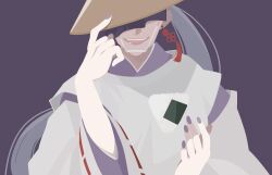  1boy ajirogasa black_lips commentary_request earrings food hat highres holding holding_food issa_(omusubi) japanese_clothes jewelry kariginu libera long_hair nail_polish official_art omusubi_(game) onigiri ponytail purple_background smile wide_sleeves 