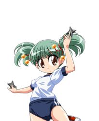 1girl bow buruma cowboy_shot fighting_stance game_asset green_hair gym_shirt gym_uniform hair_bow hands_up holding holding_shuriken holding_weapon large_variant_set lowres manjuverunu_no_sen_otome non-web_source official_art outstretched_arm self-datamine shirt short_sleeves shuriken simple_background siubomanjyu solo standing tachi-e tama_tamara_tabasa_(manjuverunu) transparent_background twintails variant_set weapon 