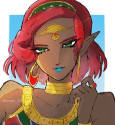  alternate_hair_length_(shorter) bare_shoulders blue_lips closed_mouth collarbone commentary_request dark-skinned_female dark_skin earrings emari_39 eyelashes gerudo green_eyes headpiece jewelry lips lipstick makeup pointy_ears portrait red_hair ring short_hair the_legend_of_zelda the_legend_of_zelda:_breath_of_the_wild twitter_username urbosa 