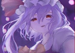  1girl absurdres alternate_hair_length_(longer) blue_background commentary from_below hat highres long_hair looking_at_viewer mob_cap portrait purple_hair red_eyes remilia_scarlet rumindo solo touhou white_hat 