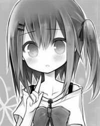  1girl amakaze_sora blush bow collarbone grey_background greyscale hair_between_eyes hair_ornament hairclip hand_up index_finger_raised looking_at_viewer lowres monochrome off-shoulder_shirt off_shoulder one_side_up original parted_lips shirt short_sleeves solo 