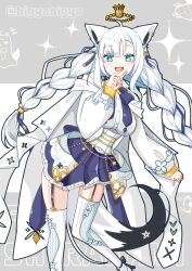  1girl ahoge animal_ear_fluff animal_ears blue_neckerchief blue_skirt blush braid breasts closed_eyes commentary_request corset earrings feet_out_of_frame fox_ears fox_girl hair_between_eyes highres higyohigyo hololive jewelry long_hair looking_at_viewer lying medium_breasts neckerchief official_alternate_costume official_alternate_hairstyle on_side shirakami_fubuki shirakami_fubuki_(saint) shirt sidelocks single_braid skirt smile thigh-highs very_long_hair virtual_youtuber white_hair white_shirt white_thighhighs 