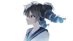  1girl absurdres ahoge alternate_hair_color blue_eyes blue_hair blue_sailor_collar closed_mouth commentary_request copyright_request crying crying_with_eyes_open drill_hair floating_hair from_side gradient_hair grey_hair hair_between_eyes highres kasane_teto kasane_teto_(sv) long_hair looking_ahead multicolored_hair portrait sailor_collar shirt simple_background siocm solo synthesizer_v tears transparent_background twin_drills utau white_shirt 