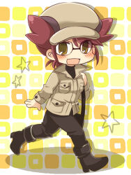  1girl bag black_bag black_boots black_pants black_shirt blush boots brown_eyes brown_hair brown_hat brown_jacket collared_jacket commentary_request deformed drop_shadow eyelashes full_body glasses handbag hat high_heel_boots high_heels holding_strap jacket kabuyou latias latias_(human)_(pokemon_adventures) long_sleeves official_alternate_costume open_mouth pants pokemon pokemon_adventures shirt short_hair smile solo star_(symbol) walking 