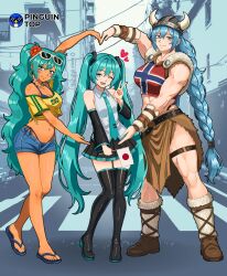  2026_fifa_world_cup 3girls absurdres aqua_eyes aqua_hair aqua_necktie bead_choker beads bikini bikini_under_clothes black_sleeves bracelet braid brazil brazilian_flag brazilian_flag_print brazilian_miku breasts detached_sleeves eyewear_on_head fake_horns flag_print grey_shirt hatsune_miku hatsune_miku_world_cup_custody_battle_(meme) heart heart_arms heart_arms_duo helmet highres horned_helmet horns japanese_flag jewelry large_breasts long_hair looking_at_viewer medium_breasts meme multiple_bracelets multiple_girls multiple_persona muscular muscular_female necktie norway norwegian_flag norwegian_flag_print norwegian_miku one_eye_closed open_mouth pinguintopzera rectangular_earrings road shirt sleeveless sleeveless_shirt small_breasts smile street swimsuit tan twin_braids twintails v very_long_hair viking vocaloid white-framed_eyewear world_cup 