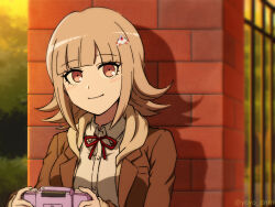  1girl brown_hair brown_jacket collared_shirt commentary_request danganronpa_(series) danganronpa_3_(anime) flipped_hair hair_ornament handheld_game_console holding holding_handheld_game_console hope's_peak_academy_school_uniform jacket long_sleeves medium_hair nanami_chiaki neck_ribbon open_clothes open_jacket ribbon school_uniform shirt short_hair smile white_shirt yoyo_dnrn 