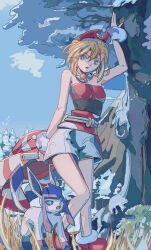  1girl animal_ears bare_shoulders blonde_hair blue_eyes bracelet breasts collarbone commentary_request crowsk flute gem glaceon hair_ornament highres instrument irida_(pokemon) jewelry looking_at_viewer medium_breasts necklace open_mouth outdoors pokemon pokemon_(creature) pokemon_legends:_arceus red_tube_top shorts sleeveless standing strapless tail tube_top 