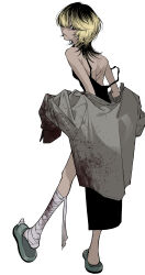  1girl absurdres bandaged_leg bandages black_dress black_eyes black_hair bleeding blonde_hair blood blood_on_clothes breasts dress from_behind hair_over_one_eye highres injury jacket jacket_partially_removed leg_up long_dress looking_at_viewer looking_back multicolored_hair muryo original sandals side_slit small_breasts solo standing standing_on_one_leg stitched_mouth stitches strap_slip two-tone_hair wolf_cut 