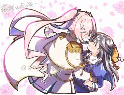  2girls altea_alessandrini arm_around_another's_waist artist_name assault_lily black_hair black_necktie blue_eyes blue_skirt blunt_bangs blush bow cape capelet closed_mouth collared_shirt commentary cowboy_shot cropped_torso dancing epaulettes eye_contact face-to-face floating_hair floral_background flower from_side gloves hair_between_eyes hair_bow hair_ornament half-closed_eyes hands_up highres holding_hands jacket juliet_sleeves long_bangs long_hair long_sleeves looking_at_another miniskirt multiple_girls nabezoko_no_okoge necktie odaiba_girls_high_school_uniform orange_bow parted_lips pink_flower pink_hair pink_rose profile puffy_sleeves rose school_uniform shirt siblings skirt smile translation_request tsukioka_momiji twins untranslatable_commentary very_long_hair white_background white_cape white_capelet white_gloves white_jacket white_skirt x_hair_ornament yellow_eyes yuri 