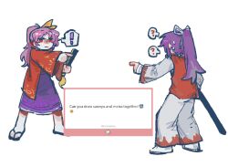  ! 2girls ? english_text fan_request folded_fan folding_fan frilled_skirt frills hair_ribbon hakama hakama_pants hand_fan holding holding_fan japanese_clothes komakusa_sannyo l_fzxxxx long_hair long_sleeves marshmallow_(site) marvel meira_(touhou) meme multiple_girls open_mouth pants pointing_spider-man_(meme) ponytail purple_hair purple_skirt red_eyes red_robe red_vest request_inset ribbon robe sheath sheathed simple_background skirt spider-man_(series) spoken_exclamation_mark spoken_question_mark sweat sword touhou touhou_(pc-98) vest weapon white_background white_hakama wide_sleeves yellow_ribbon 