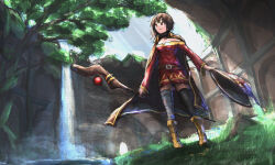  1girl ankle_boots asymmetrical_legwear bandaged_leg bandages belt black_cape black_choker black_hair black_thighhighs boots cape choker closed_mouth commentary_request dress full_body hat highres holding holding_staff holding_unworn_clothes holding_unworn_hat kono_subarashii_sekai_ni_shukufuku_wo! long_sleeves mage_staff medium_hair megumin mismatched_legwear nobukingu outdoors red_dress red_eyes ruins single_thighhigh solo staff standing thigh-highs tree unworn_hat unworn_headwear water waterfall witch_hat yellow_boots zettai_ryouiki 