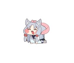  1girl :d absurdres all_fours animal_ear_fluff animal_ears blunt_bangs blunt_tresses blush_stickers chibi chibi_only closed_eyes commentary_request datemegane fox_ears fox_girl full_body grey_hair highres japanese_clothes kimono long_hair long_sleeves meme negative_space open_mouth parted_bangs shawl simple_background smile solo speakiposting_(meme) touhoku_itako trickcal voiceroid white_background white_kimono wide_sleeves 