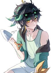  1boy black_hair blonde_hair closed_mouth commentary eyewear_on_head genshin_impact green_eyes green_hair green_headband green_jacket green_tank_top headband highres holding holding_shovel jacket k2injji kinich_(genshin_impact) male_focus multicolored_hair pixel_sunglasses short_hair shorts shovel solo streaked_hair sunglasses tank_top untranslatable_commentary white_shorts 