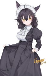  1girl ahoge alternate_costume animal_ears artist_name ascot black_dress black_hair braid breasts closed_mouth commentary corrupted_twitter_file cowboy_shot dated dot_nose double-parted_bangs dress enmaided fingernails frilled_ascot frilled_hairband frills hair_between_eyes hairband highres holding_own_dress hololive juliet_sleeves large_breasts light_smile long_dress long_fingernails long_hair long_sleeves looking_at_viewer maid maid_headdress multicolored_hair multiple_braids nail_polish ookami_mio puffy_sleeves quad_braids red_streaks ribbed_dress side_braids signature simple_background sleeve_cuffs slit_pupils solo streaked_hair two-tone_dress two-tone_hair untranslatable_commentary urplep36568 virtual_youtuber white_ascot white_background white_hairband wolf_ears wolf_girl yellow_eyes yellow_nails 