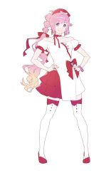  >:) 1girl ahoge anyoji_hime blonde_hair blue_eyes bow closed_mouth commentary dress full_body gradient_hair hands_on_own_hips hat hat_bow highres looking_at_viewer love_live! love_live!_hasu_no_sora_jogakuin_school_idol_club miracreation miracreation/elegance multi-tied_hair multicolored_hair off-shoulder_dress off_shoulder pink_hair ponytail red_hat ruoguiling short_dress simple_background solo standing thigh-highs untranslatable_commentary v-shaped_eyebrows virtual_youtuber white_background white_bow white_dress white_thighhighs zettai_ryouiki 