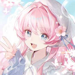  1girl :d bang_dream! bang_dream!_it's_mygo!!!!! blue_eyes blue_ribbon bubble bug butterfly cherry_blossoms chihaya_anon chinese_commentary commentary_request commission culijiangguocha fang flower hair_between_eyes hair_flower hair_intakes hair_ornament hand_up headscarf highres long_hair long_sleeves looking_at_viewer neck_ribbon official_alternate_costume open_mouth pink_flower pink_hair ribbon second-party_source sidelocks skin_fang smile solo sparkle upper_body w white_flower white_headscarf white_ribbon 