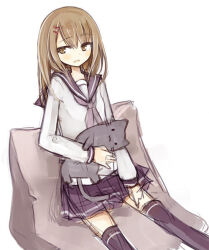  1girl amakaze_sora black_sailor_collar black_skirt black_thighhighs blush brown_eyes brown_hair feet_out_of_frame hair_between_eyes hair_ornament hairclip long_hair long_sleeves neckerchief original parted_lips pleated_skirt puffy_long_sleeves puffy_sleeves purple_neckerchief sailor_collar school_uniform serafuku shirt simple_background sitting sketch skirt solo thigh-highs white_background white_shirt 