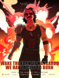  1boy apex_legends armband aviator_sunglasses black_armband black_gloves black_hair black_pants black_tank_top blurry blurry_background collarbone cosplay cyberpunk_(series) cyberpunk_2077 english_commentary english_text explosion facial_hair fake_poster fuse_(apex_legends) gloves grey_hair jewelry johnny_silverhand johnny_silverhand_(cosplay) joong_beak male_focus mechanical_arms medium_hair movie_poster_(medium) multicolored_hair mustache necklace pants shirt_tucked_in single_mechanical_arm smirk solo soul_patch streaked_hair sunglasses tank_top 