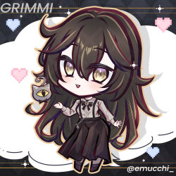  1girl black_bow black_bowtie black_hair bow bowtie chibi commentary emu_(confisery) grey_shirt grimmi_(1st_costume)_(vtuber) grimmi_(vtuber) hair_between_eyes heart highres indie_virtual_youtuber long_hair long_skirt long_sleeves looking_at_viewer open_mouth pale_skin ringed_eyes shirt skelter_(grimmivt) skirt solo suspender_skirt suspenders virtual_youtuber yellow_eyes 