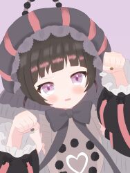  1girl absurdres black_bow black_bowtie blush bow bowtie commentary_request dress frilled_dress frilled_hat frilled_sleeves frills grey_background hat highres looking_at_viewer magical_girl mahou_shoujo_ikusei_keikaku mahou_shoujo_ikusei_keikaku_double_shadow multicolored_hair open_mouth paw_pose puffy_sleeves short_hair teepa violet_eyes zipstep 