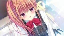  1girl black_bow bow bowtie braid buttons da_capo da_capo_iv double-breasted from_below game_asset grey_vest hair_ribbon half-closed_eyes highres indoors leaning_forward long_hair long_sidelocks long_sleeves miniskirt non-web_source official_art open_mouth orange_hair oumi_sorane plaid_clothes plaid_vest pleated_skirt red_bow red_bowtie ribbon school_uniform shirt side_ponytail sidelocks skirt tanihara_natsuki vest white_shirt white_skirt 