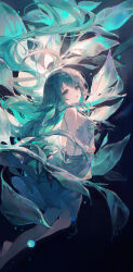  1girl absurdres aqua_dress aqua_eyes aqua_hair bare_shoulders black_background blue_background chinese_commentary commentary_request dark dress floating_hair foot_out_of_frame glowing gradient_background hair_spread_out highres holding light_blush light_smile long_hair looking_at_viewer maccha_(mochancc) open_mouth plant saya_(saya_no_uta) saya_no_uta sleeveless sleeveless_dress solo underwater very_long_hair white_dress 