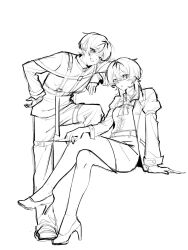  1boy 1girl alternate_costume arm_at_side arm_support bespectacled blunt_ends bow bowtie collared_shirt crossed_legs full_body genshin_impact glasses greyscale hair_intakes hand_on_own_hip hand_up harness high_heels highres holding holding_syringe jacket knee_up lapels leg_belt long_sleeves looking_at_another looking_at_viewer lumine_(genshin_impact) lumine_(marechaussee_hunter)_(genshin_impact) monochrome official_alternate_costume open_clothes open_jacket open_mouth pants pencil_skirt pyong_deog rectangular_eyewear scaramouche_(genshin_impact) shirt shoes short_hair short_hair_with_long_locks sidelocks sitting sketch skirt syringe turtleneck turtleneck_shirt wispy_bangs 