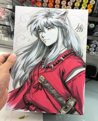  1boy animal_ears art_tools_in_frame artist's_hand_in_frame bead_necklace beads closed_mouth commentary dog_boy dog_ears english_commentary highres inuyasha inuyasha_(character) jewelry long_hair male_focus marker_(medium) necklace photo_(medium) red_shirt shirt signature solo stanley_lau sword tooth_necklace traditional_media upper_body weapon white_hair yellow_eyes 