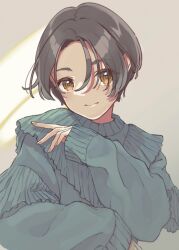  1girl black_hair blue_pupils brown_eyes character_request closed_mouth commentary_request copyright_request eyelashes frills grey_background hair_between_eyes hair_intakes highres kamogawa_akira long_sleeves short_hair simple_background sleeves_past_wrists solo very_short_hair 