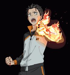 absurdres black_hair blood blood_on_hand brown_eyes burning crying crying_with_eyes_open highres jacket natsuki_subaru re:zero_kara_hajimeru_isekai_seikatsu rosa_7k tears track_jacket 