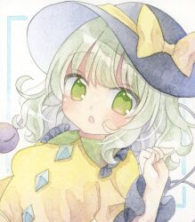  1girl :o black_hat bow buttons collared_shirt commentary diamond_button disembodied_linked_eye frilled_shirt_collar frills green_eyes green_hair hat hat_bow hat_ribbon highres kagome_f komeiji_koishi long_sleeves looking_at_viewer medium_hair open_mouth painting_(medium) ribbon shirt solo touhou traditional_media upper_body watercolor_(medium) yellow_ribbon yellow_shirt 