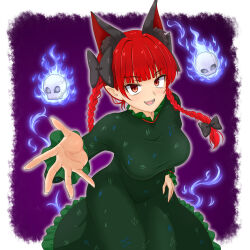  1girl animal_ear_fluff animal_ears black_bow bow braid breasts cat_ears commentary_request dress extra_ears fire flaming_skull floating_skull frilled_dress frilled_sleeves frills hair_bow hand_on_own_hip hidaruma highres kaenbyou_rin large_breasts long_hair long_sleeves looking_at_viewer multiple_hair_bows open_mouth pointy_ears purple_background reaching reaching_towards_viewer red_eyes red_hair skull smile solo teeth touhou twin_braids 