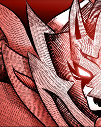  blank_eyes commentary english_commentary glowing glowing_eyes gradient_background highres jamiewilsondraws monochrome no_humans pokemon pokemon_(creature) pokemon_focus red_background red_theme solo v-shaped_eyes zamazenta zamazenta_(crowned) 