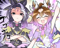  2girls ahoge animal_ears black_bow black_capelet black_dress black_hair blush bow breasts brooch brown_hair capelet closed_mouth cosplay crossed_arms cure_answer cure_answer_(cosplay) cure_arcana_shadow cure_arcana_shadow_(cosplay) diamond_hairband dress epiphaneia_(umamusume) frilled_capelet frills gloves hair_between_eyes hair_ornament heart heart_brooch horse_ears horse_girl jewelry long_hair looking_at_viewer magical_girl meitantei_precure! mejiro_ramonu_(umamusume) mole mole_under_eye multicolored_hair multiple_girls open_mouth precure purple_capelet purple_veil sbql_(niaunclefan) senga_hikari smile streaked_hair touyama_nao umamusume veil violet_eyes voice_actor_connection white_hair 