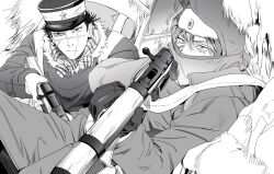  2boys backpack bag closed_mouth commentary_request gloves golden_kamuy greyscale gun hair_between_eyes hat holding holding_gun holding_weapon korean_commentary luke_skyfaller male_focus monochrome multiple_boys outdoors peaked_cap rifle scarf short_hair sugimoto_saichi vasily_(golden_kamuy) weapon 
