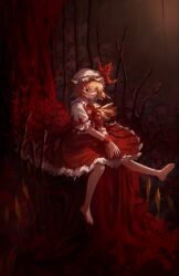  1girl absurdres ascot barefoot blonde_hair bow chinese_commentary collared_shirt commentary_request crystal crystal_wings flandre_scarlet frilled_shirt_collar frilled_wrist_cuffs frills hair_between_eyes hat hat_bow highres looking_at_viewer mingyueqf mob_cap one_side_up open_mouth puffy_short_sleeves puffy_sleeves red_bow red_eyes red_skirt red_vest red_wrist_cuffs shirt short_sleeves sitting skirt skirt_set soles solo toes touhou vest white_hat white_shirt wings wrist_cuffs yellow_ascot 