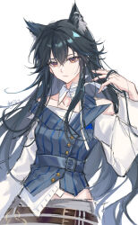  1girl absurdres animal_ear_fluff animal_ears arknights belt black_hair blue_belt chinese_commentary closed_mouth commentary_request domino's_pizza hair_between_eyes hand_in_own_hair hand_up highres long_hair long_sleeves looking_at_viewer official_alternate_costume shirt simple_background solo texas_(arknights) upper_body vest white_background white_shirt wolf_ears wolf_girl xuan_xuan_xuan_za 