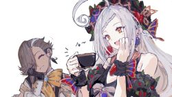  1boy 1girl ahoge ascalaphus_(fate) black_gloves brown_eyes brown_hair commentary_request cup earrings fate/grand_order fate_(series) frilled_wrist_cuffs frills gloves grey_hair hair_over_one_eye highres holding holding_cup jewelry long_hair mero_(merope_hika) persephone_(fate) teacup white_background wrist_cuffs 