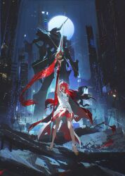  1girl asymmetrical_gloves building cape city_lights commentary dress elbow_gloves english_commentary epaulettes flag full_body gloves hair_between_eyes highres himeko_(honkai:_star_rail) himeko_(nova)_(honkai:_star_rail) holding holding_flag holding_polearm holding_weapon honkai:_star_rail honkai_(series) long_hair mismatched_gloves open_mouth outdoors polearm red_cape red_gloves red_hair sberrymacchiato skyscraper standing uneven_gloves weapon white_dress white_gloves yellow_eyes 