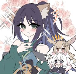  3girls animal_ears black_hair blonde_hair cho_kaguya-hime! commentary_request fox_ears gy5hjtmlvu22471 hair_ornament hair_stick highres japanese_clothes kaguya_(cho_kaguya-hime!) kimono long_hair multiple_girls open_mouth ponytail runami_yachiyo sakayori_iroha smile white_hair 