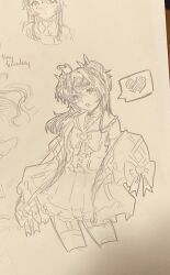  1girl 2026 2d ahoge artist_self-insert black_hair breasts choker commentary cropped_legs detached_sleeves english_commentary fairyctrl female garter_straps graphite_(medium) hair_ornament hair_ribbon hairclip heart_hair_ornament highres human jacket long_hair long_sleeves monochrome original original_character ribbon simple_background skirt sleeves_past_fingers sleeves_past_wrists thigh-highs traditional_media yellow_background 