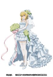  1girl artist_request blonde_hair blue_eyes blush bouquet bow breasts bridal_veil bride closed_mouth collarbone copyright_name copyright_notice dress dungeon_ni_deai_wo_motomeru_no_wa_machigatteiru_darou_ka elbow_gloves elf flower footwear_bow from_side full_body gloves grey_bow grey_dress grey_shoes hair_between_eyes hair_flower hair_ornament high_heels highres holding holding_bouquet looking_down medium_breasts official_alternate_costume official_alternate_hairstyle official_art pink_bow pink_ribbon pointy_ears ribbon rose ryu_lion second-party_source see-through_clothes see-through_veil shoes short_hair simple_background smile solo standing thigh-highs thighs veil wedding_dress white_background white_bow white_dress white_flower white_gloves white_rose white_shoes white_thighhighs zettai_ryouiki 